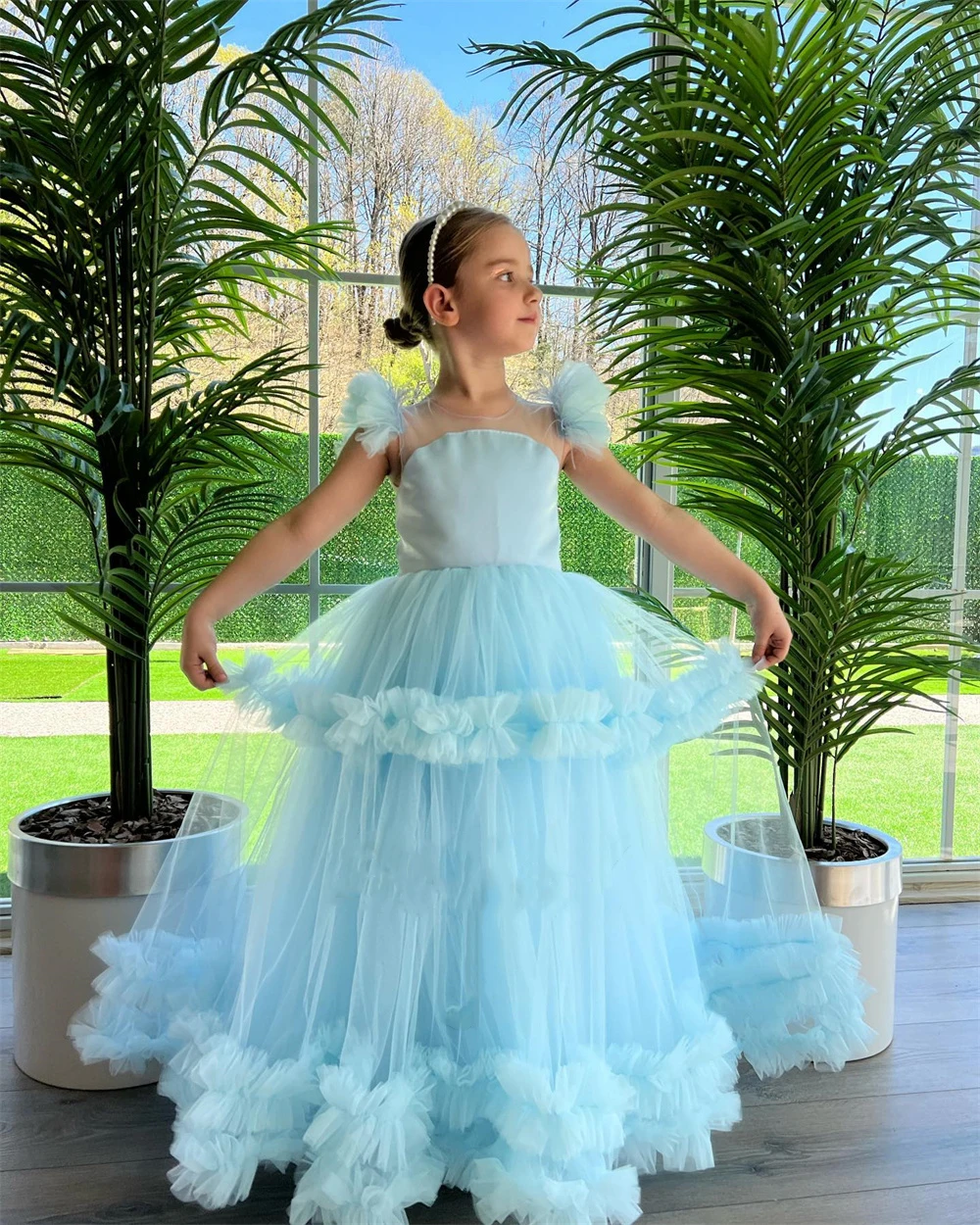 Green 2024 Flower Girl Dress For Wedding Pleated Puffy Tulle Birthday Party Pageant Kids Princess First Communion Ball Gowns