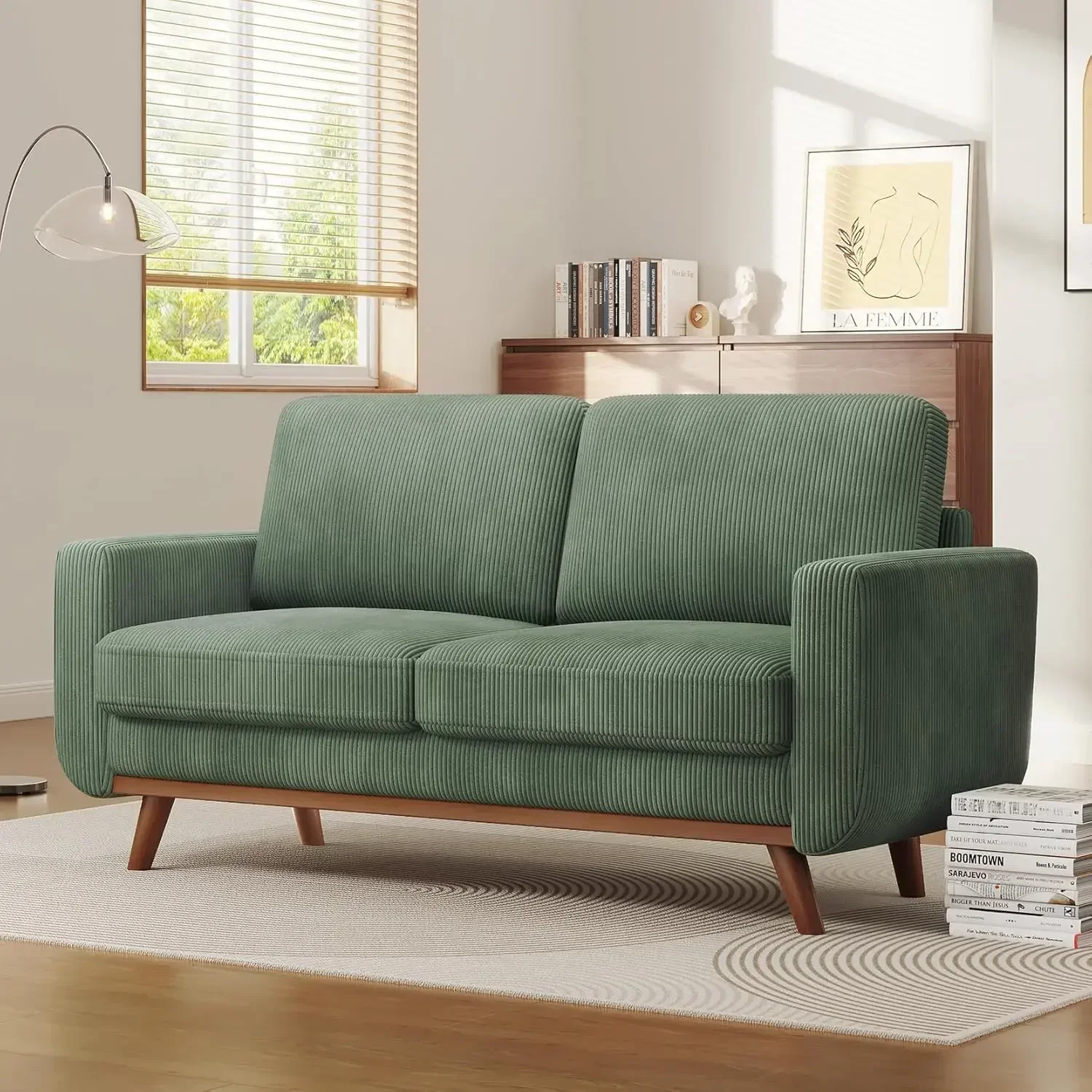 

Bedroom & Living Room，68" Loveseat Sofa - Green, Comfy Corduroy with Spring Cushion, Solid Wood Frame, Modern Deep Seat