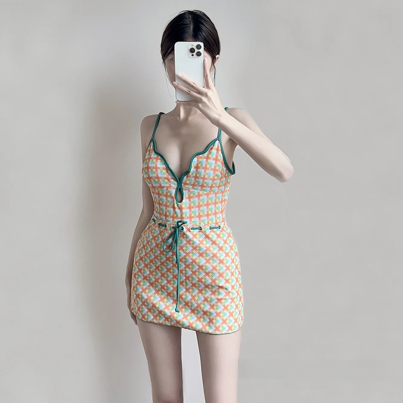 

2024 Zaza Japanese Sle Plaid Swimsuit Women's Hot Spring Slimming Sexy Swimwear Fixed Chest Pad No Sve Casual