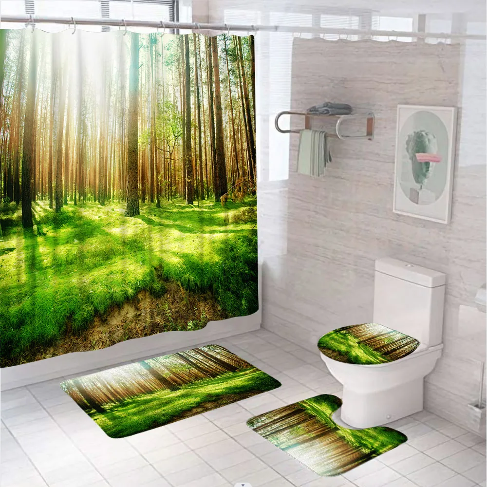 Green Forest Shower Curtain Set Nature Landscape Tree Sunlight Woodland Bathroom Curtains Non-Slip Bath Mat Rug Lid Toilet Cover