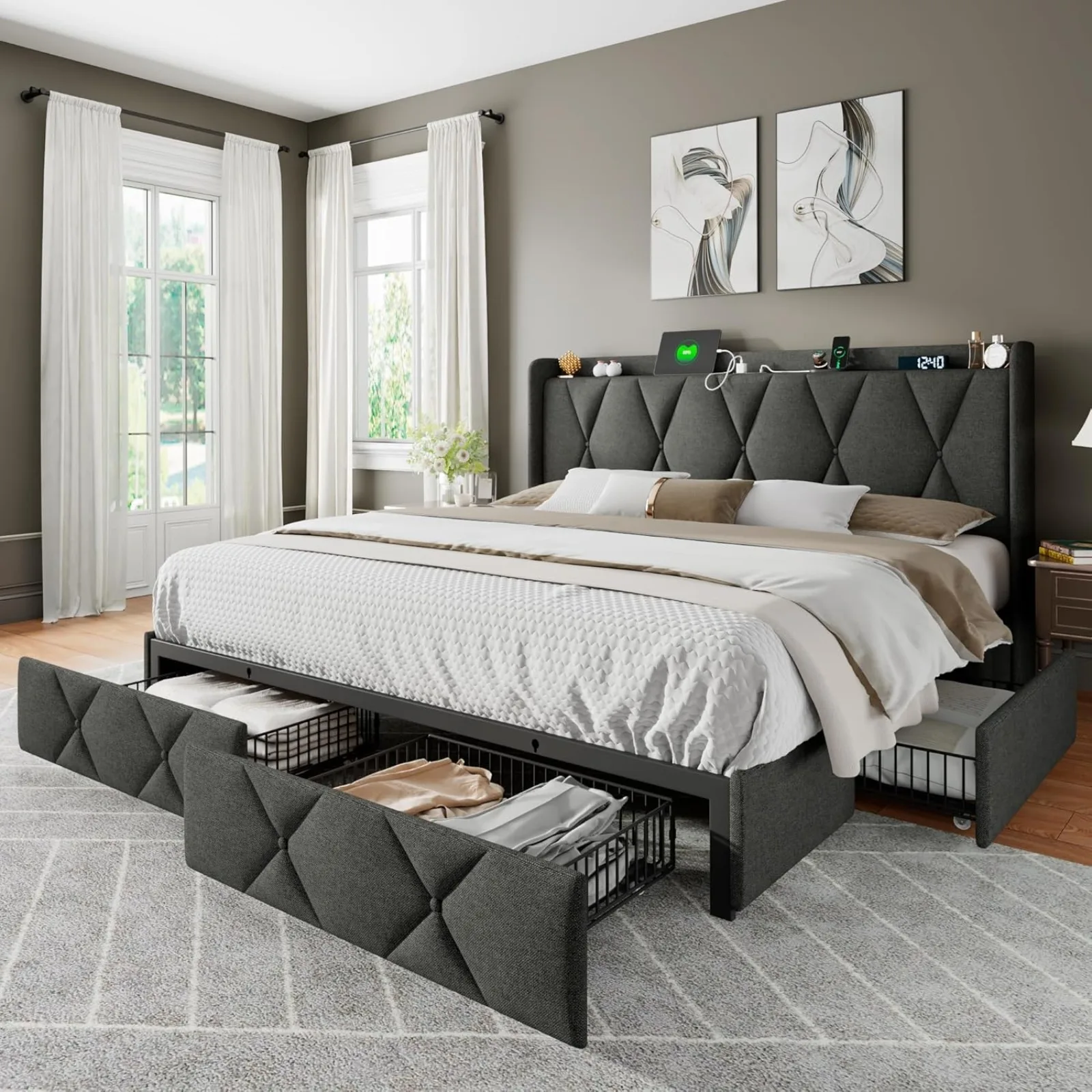 US King Bed Frame with 4 Storage Drawers, Upholstered Button Tufted Storage Headboard with Fast Charging