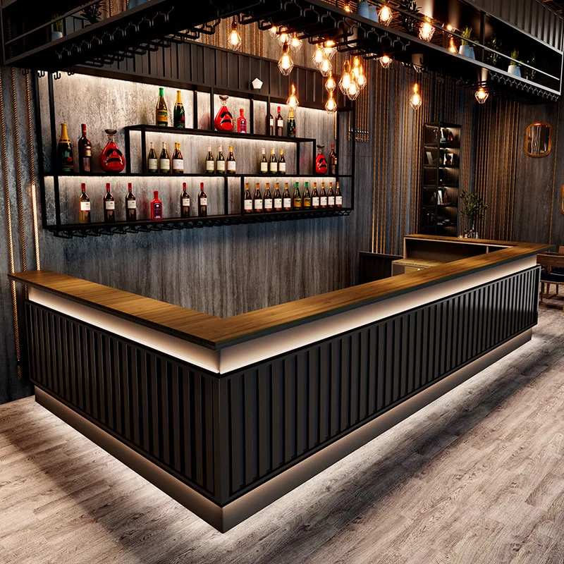 Wooden Cafe Counter Coffee/Milk Tea Bar Showcases LED Lighting Shop Design