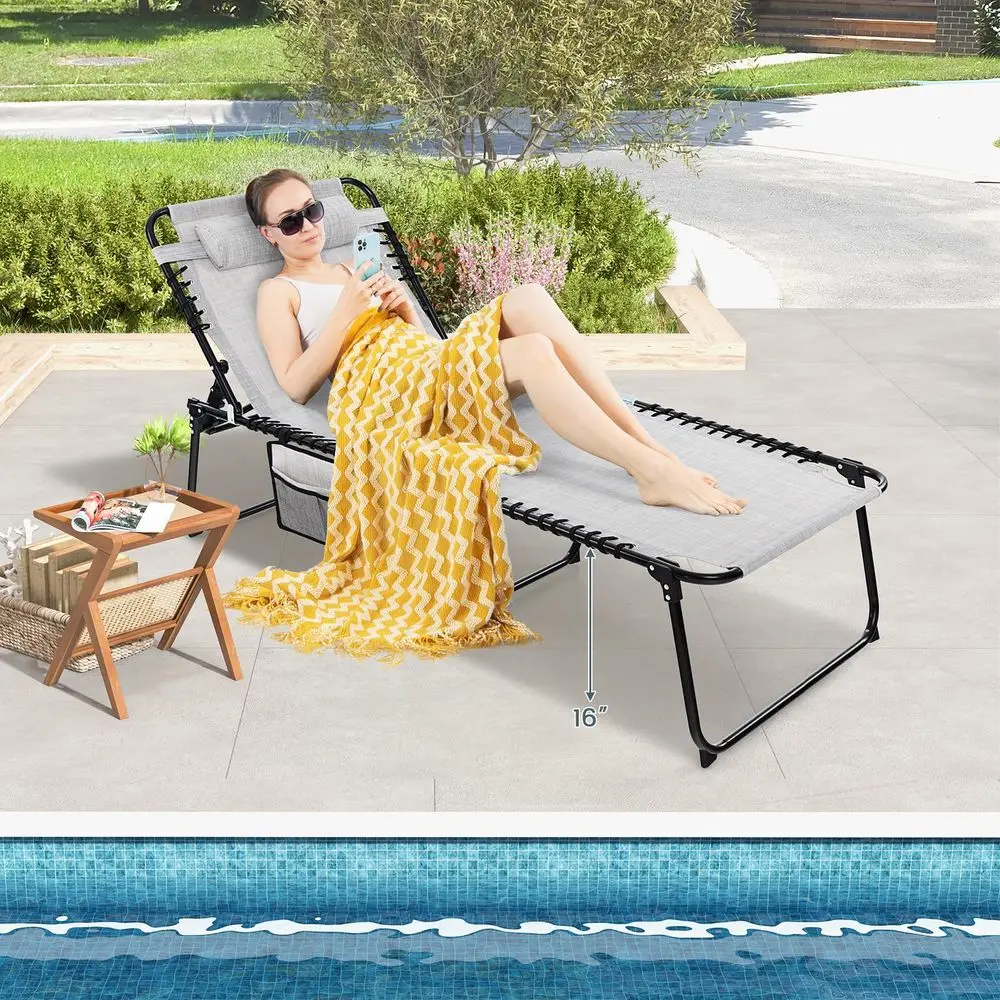 

Chaise Lounge Chair Outdoor, Extra Large Folding 5Postion Beach Lounger with Detachable Pillow, Side Pocket, Sunbathing Lounge