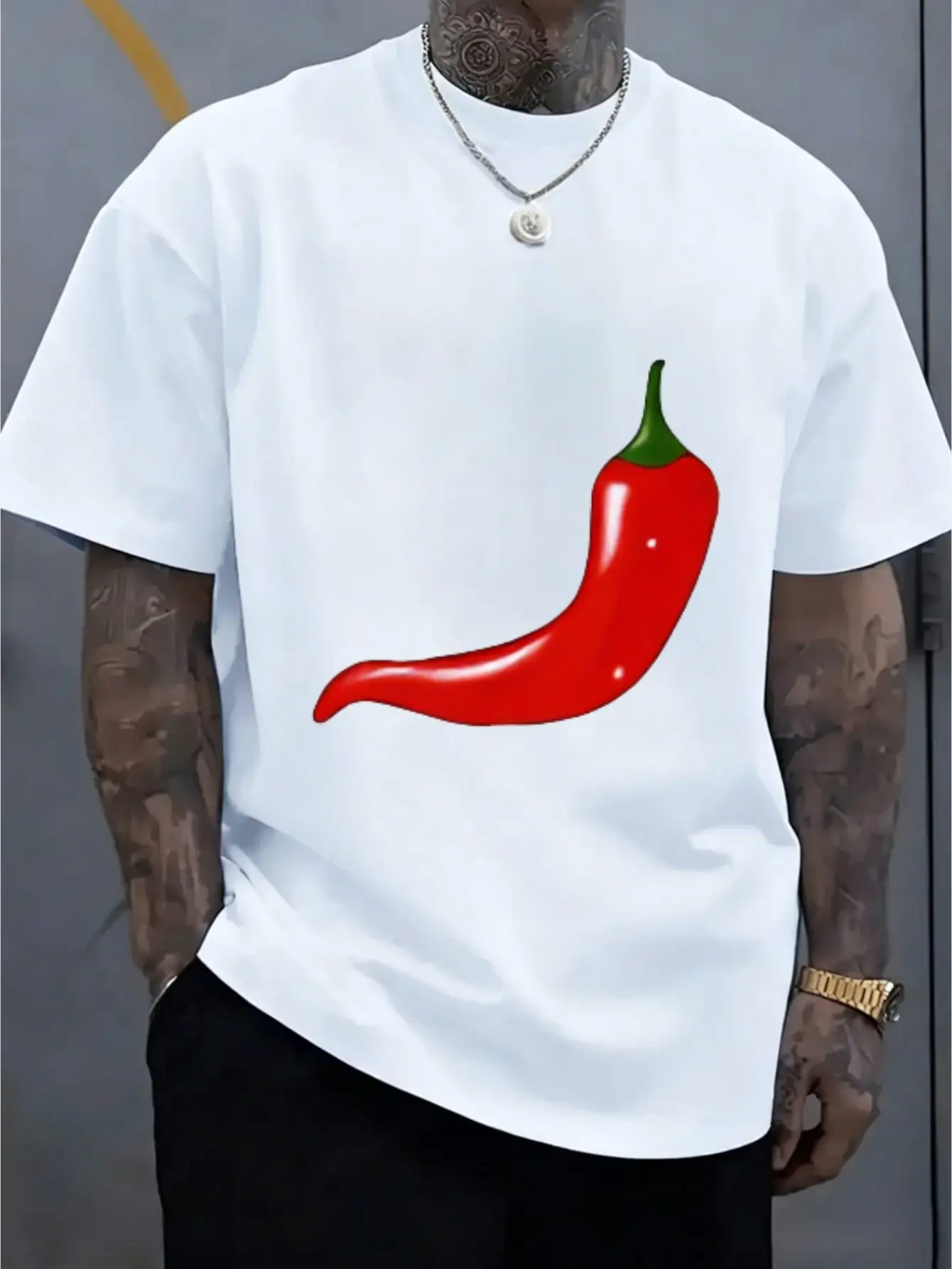 Men Bright Red Chili Pepper Print Tee Cotton Loose Short Sleeve Food Enthusiast Casual Top Male Daily Summer Street Outfit