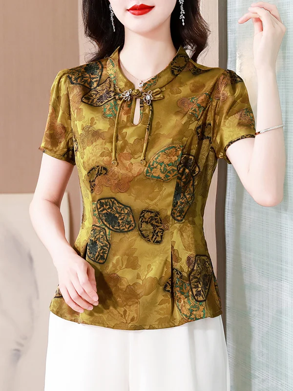Dames Satijn irt Faionable ort Sve Taille-klinkende Chinese Sle Top Koreaanse versie Loose Fit Gedrukt uitgehold ontwerp