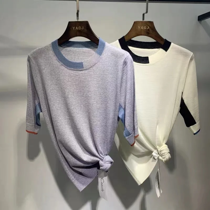 Fashion thin cashmere knit short sleeve women Korean patchwork color loose collar half sleeve wool T shirt casual bottom