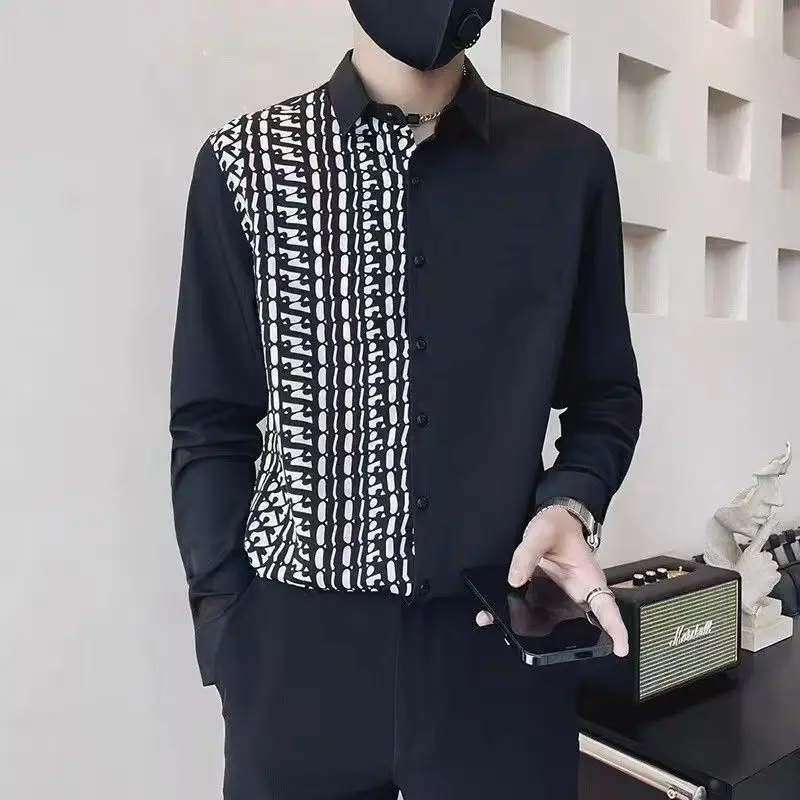 Spring Y2K Trendyol Men Vintage Long Sleeve Shirt Luxury Mens Black Slim Fit Dress Shirt Casual Man Social Shirts Chemise Homme