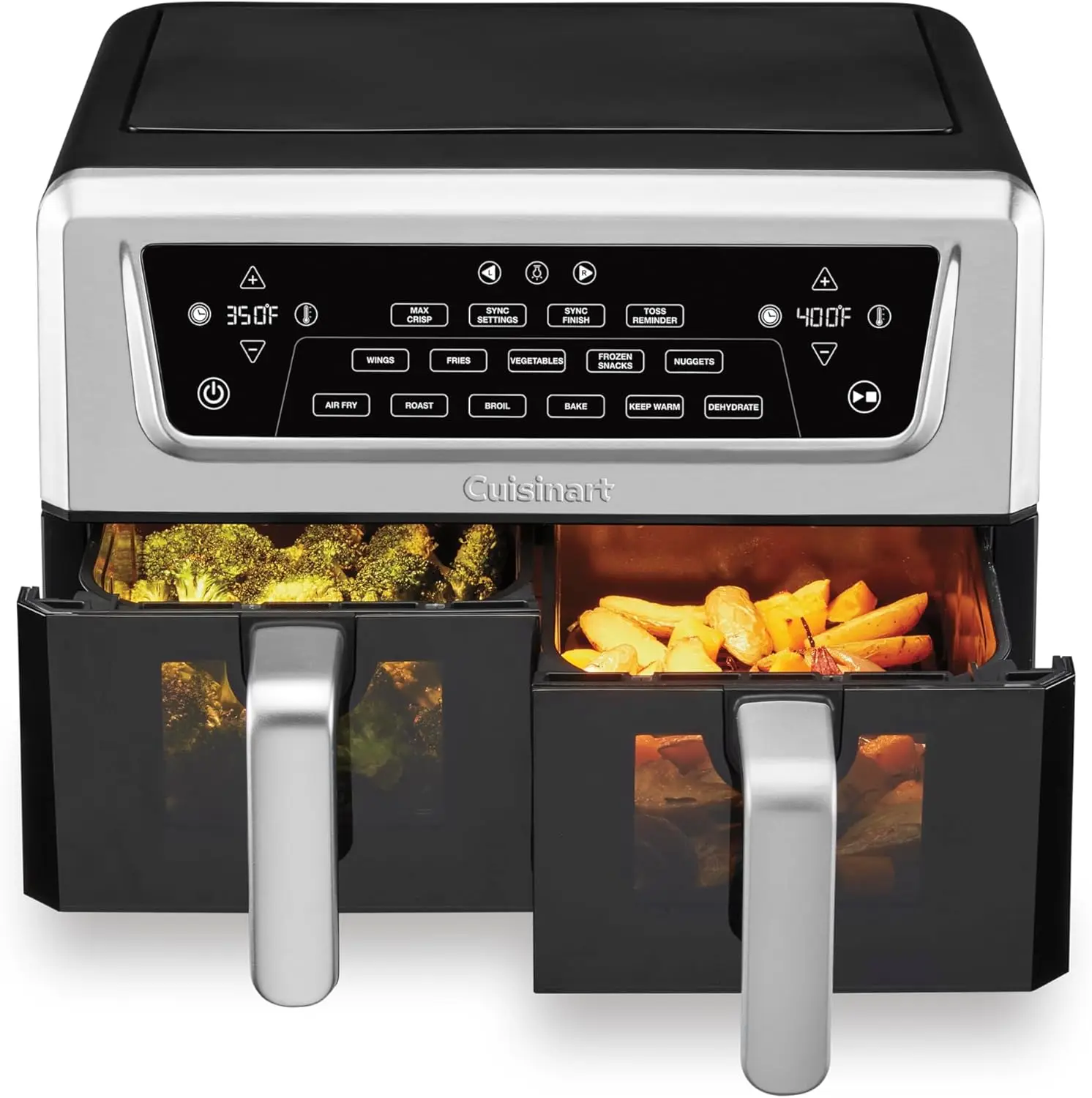 

Dual Basket Air Fryer, Two Baskets 11 Qt in Total, 6 Functions: Air Fry, Roast, Bake, Broil, Dehydrate & Keep Warm