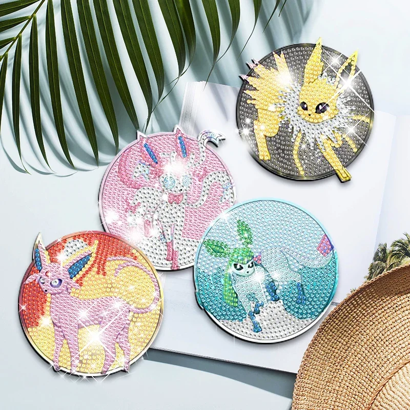 8Pcs Pokemon Diamond Painting Coasters Set with Holder DIY Diamond Art Mosaic Drink Cup Pad Table Placemat Home Decor Craft Gift