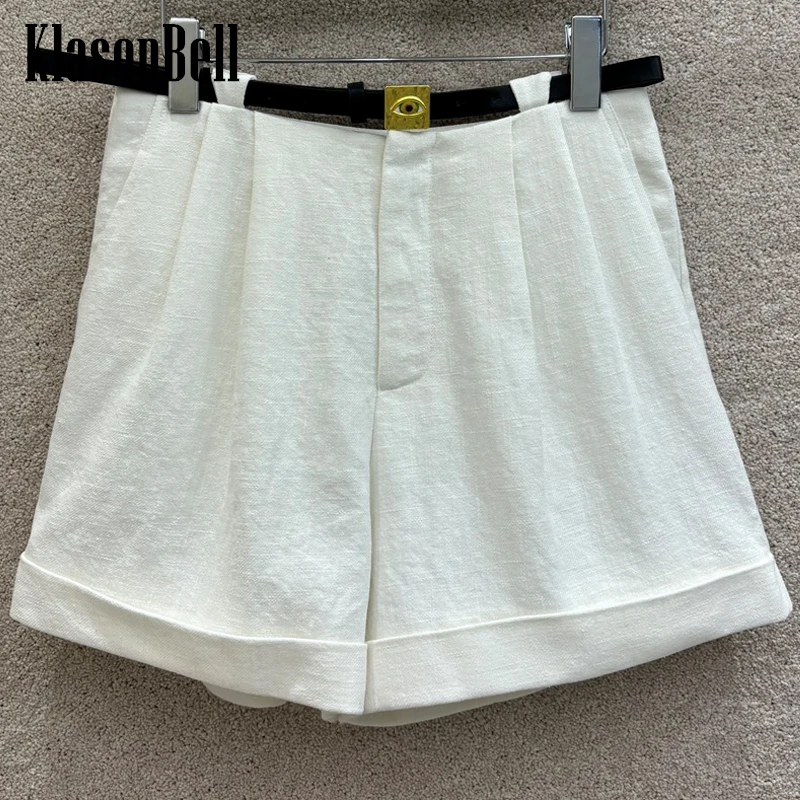 

5.29 KlasonBell Temperament Fashion Eyes Gold Button Belt Decoration Linen Shorts Pleated Roll-up Loose Shorts Women