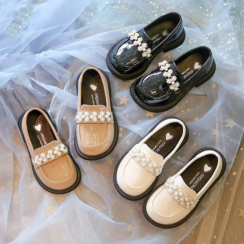 Kids PU Leather Shoes Spring Autumn Fashion Girls Pearls Casual Princess Flats Soft Loafers Simple Children Black Beige