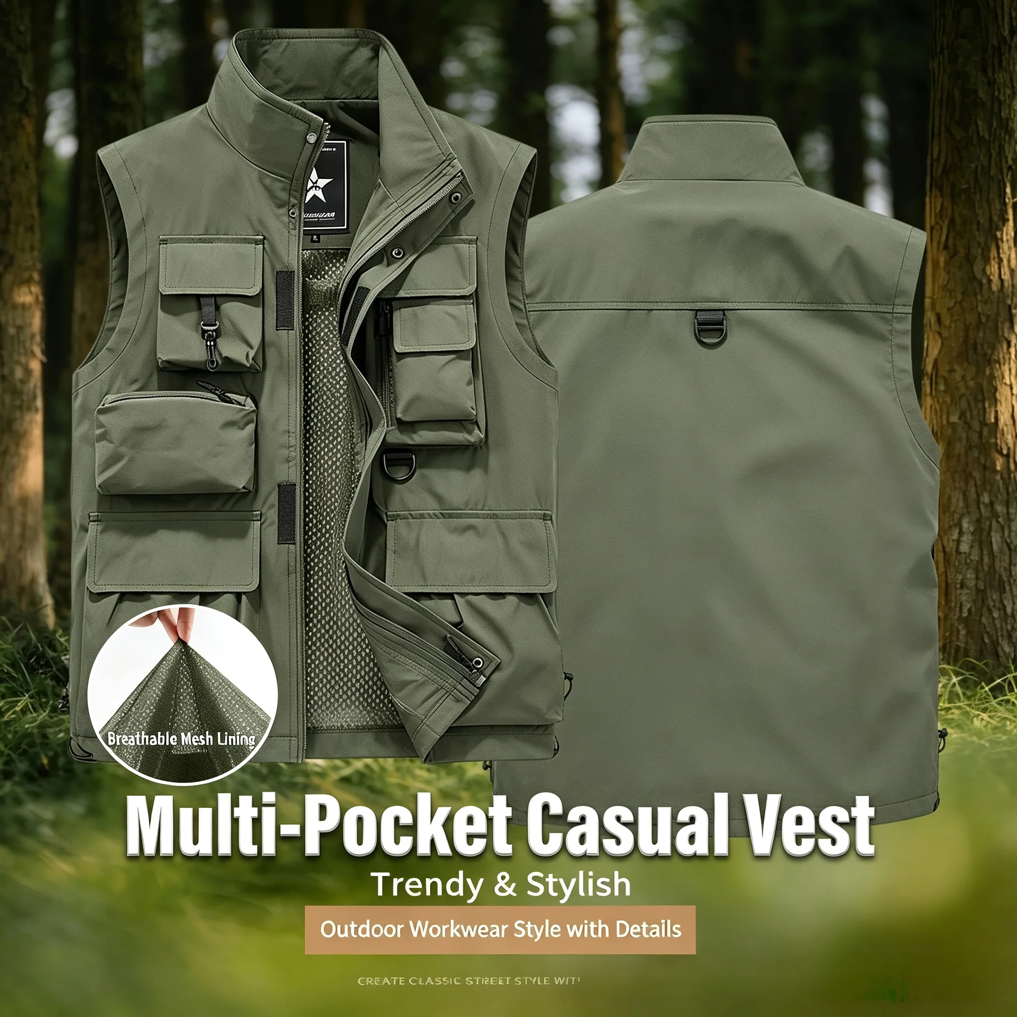 2026 Men's Outdoor Tooling Multi-Pocket Casual Outdoor Fishing Large Size Vest with Vertical Collar Breathable Quick-drying Vest