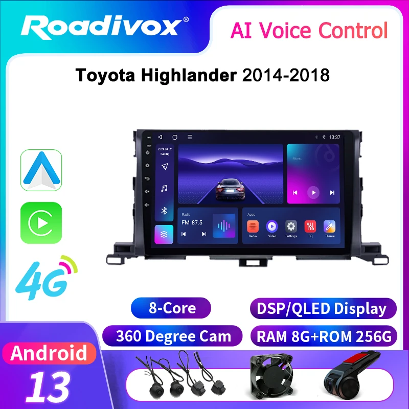 roadivox Android car radio for Toyota Highlander 2014 2018 stereo GPS Navigation video Multimedia Player tape recorder  carplay