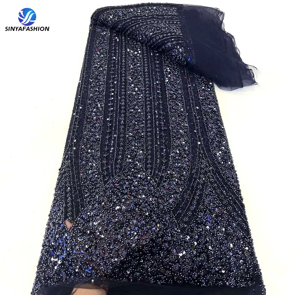 

Sinya Navy Blue African French Mesh Tulle Sequins Lace Fabric High Quality Super Heavy Luxury Beaded Lace For Evening Dress