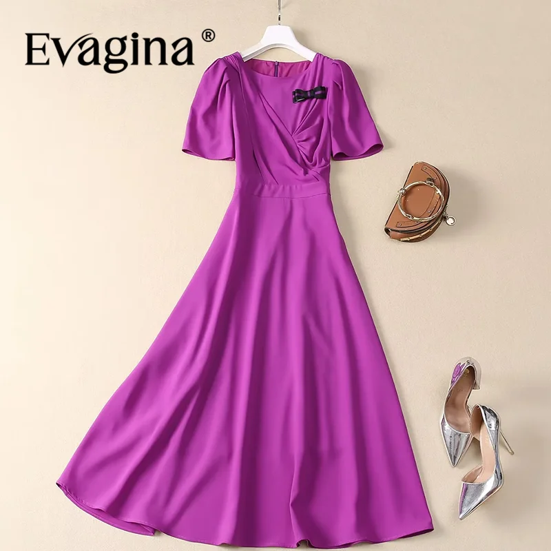 

Evagina Summer Women's Dress Round neck Short sleeve High waistVintage Temperament Bow Solid Color Dresses