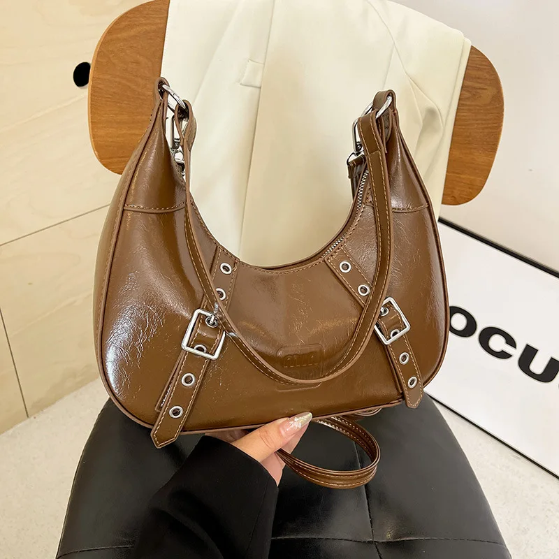 

‌2025 SS Sweet & Cool Crescent Bag Women, Top Handle Shoulder Crossbody Purse with Belt Buckle, Vintage Chic Girly Tote‌