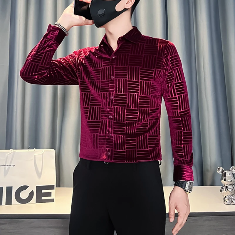 

Осень-зима, мужская полуводолазка, бархатные эластичные рубашки для мужчин, облегающие рубашки с длинными рукавами, теплая полосатая жаккардовая мужская рубашка, уличная одежда