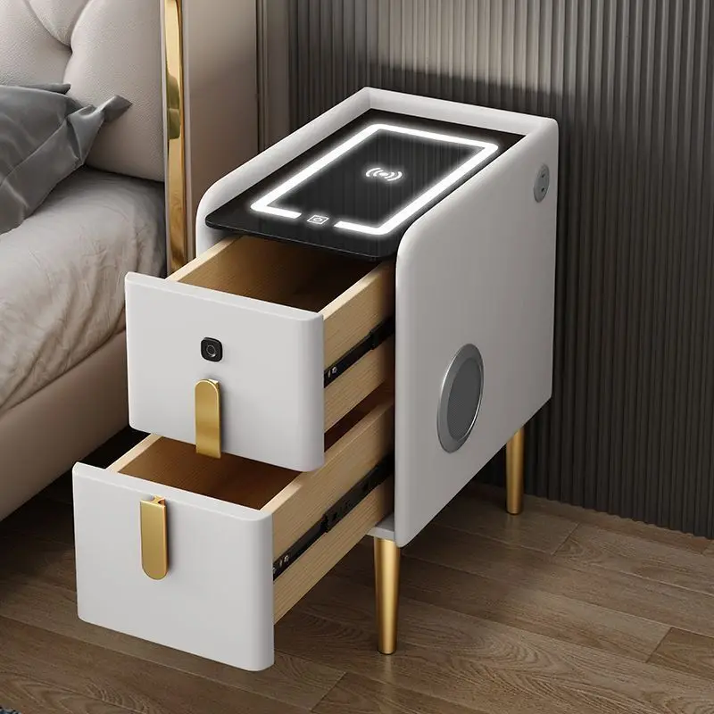 Solid wood rock panel leather extremely simple modern mini bedside table bedroom intelligent internet celebrity light luxury image 3