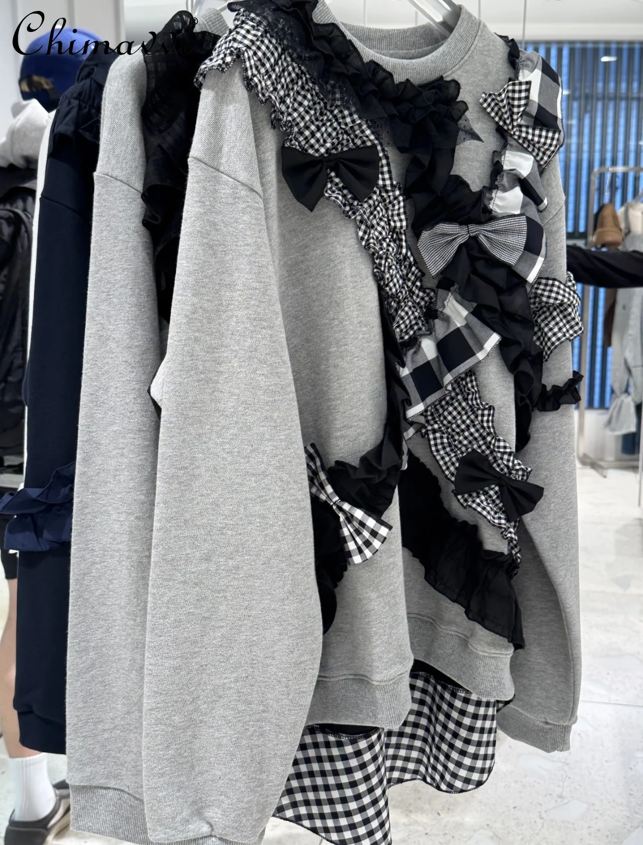 

Japanese Fashion Pleated Flower Bow Sweatshirt Spring New Sweet Cute Bow Long Sleeve Loose Round Neck Pullover Hoodies Y2k Top