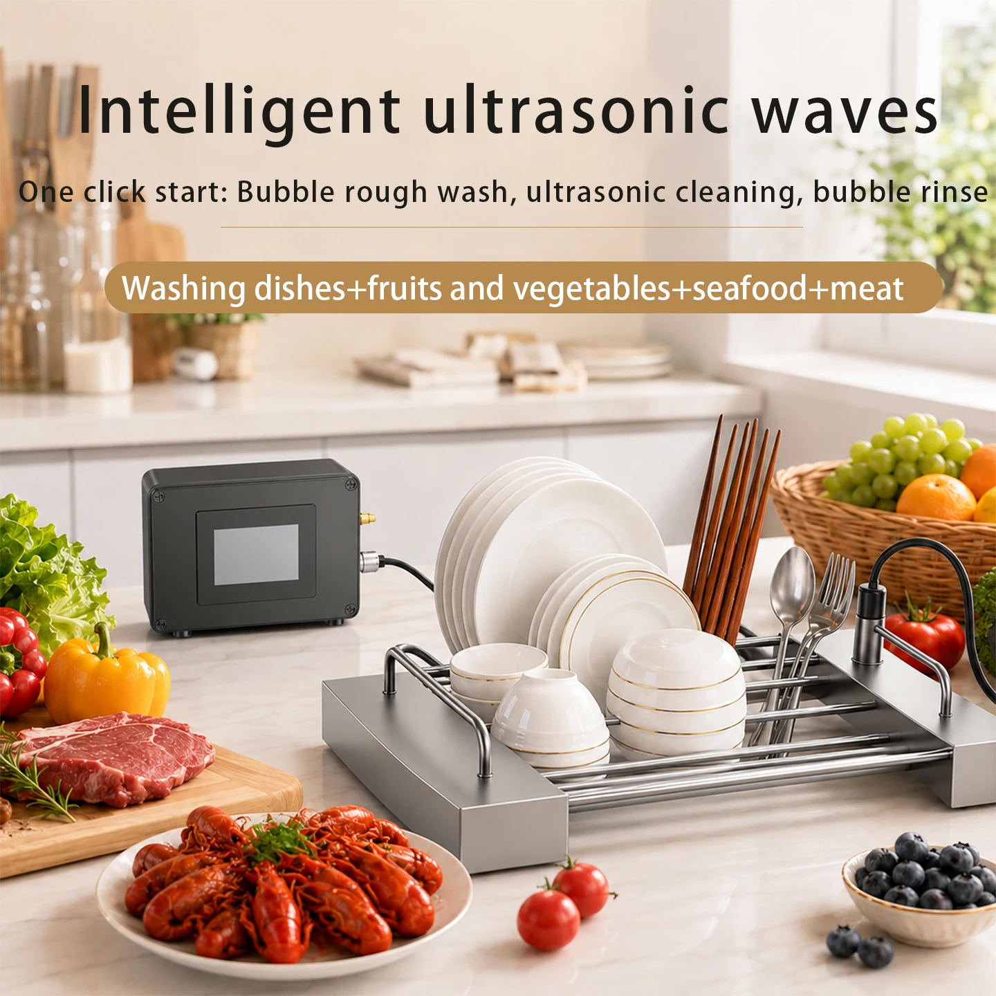 Ultrasonic dishwasher, one click intelligent cleaning machine, household small portable, no installation sink integration