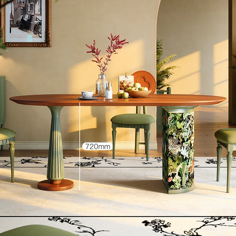 Original French retro solid wood dining table niche high-end small apartment medium ancient style living room dining table oval