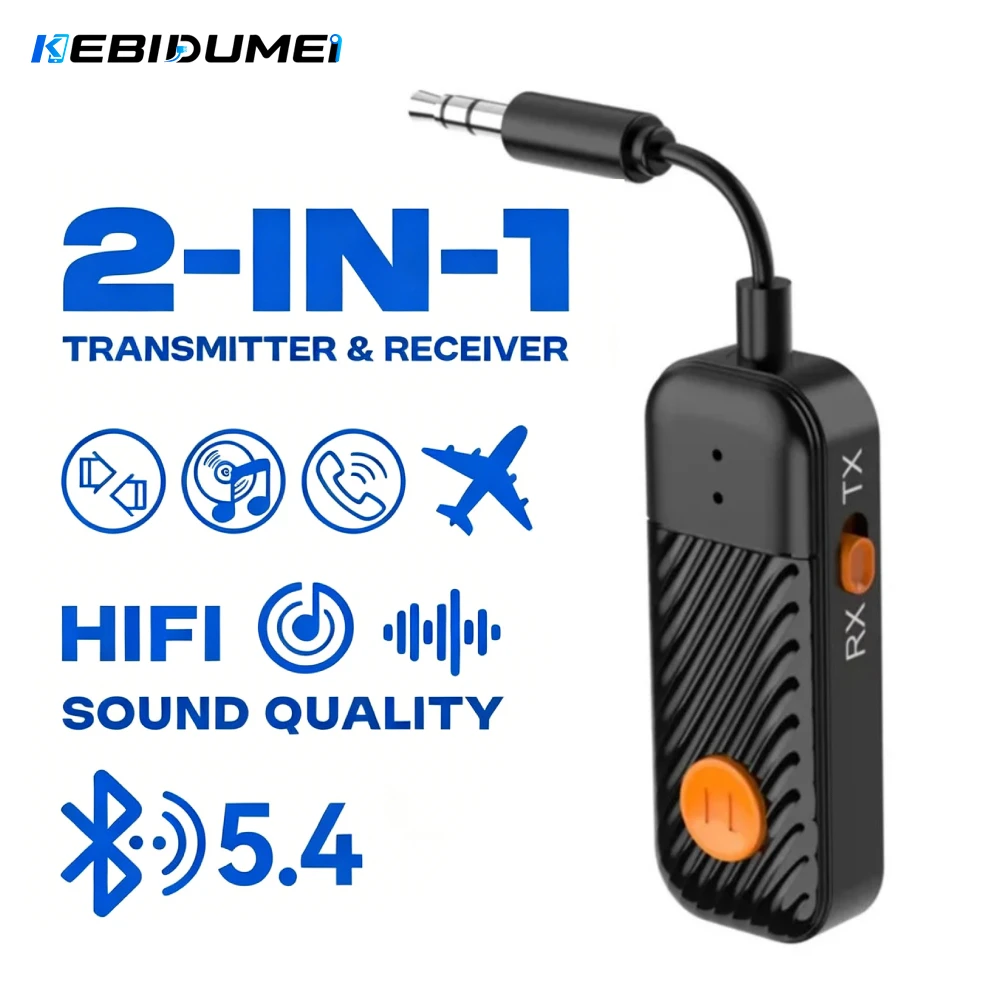 KEBIDUMEI Bluetooth 5.4 AUX Receiver Transmitter 3.5MM With Mic HiFi Stereo Music Wireless Audio Adapter For TV PC Airplane Car
