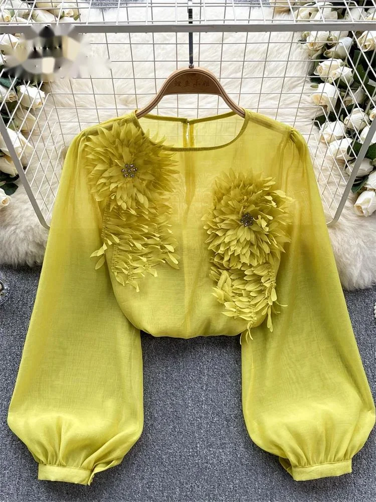 Spring Loose Satin Blouse Women O Neck Long Sleeves Sheer Bohemian Top  Transparent 3D Floral Casual Shirt