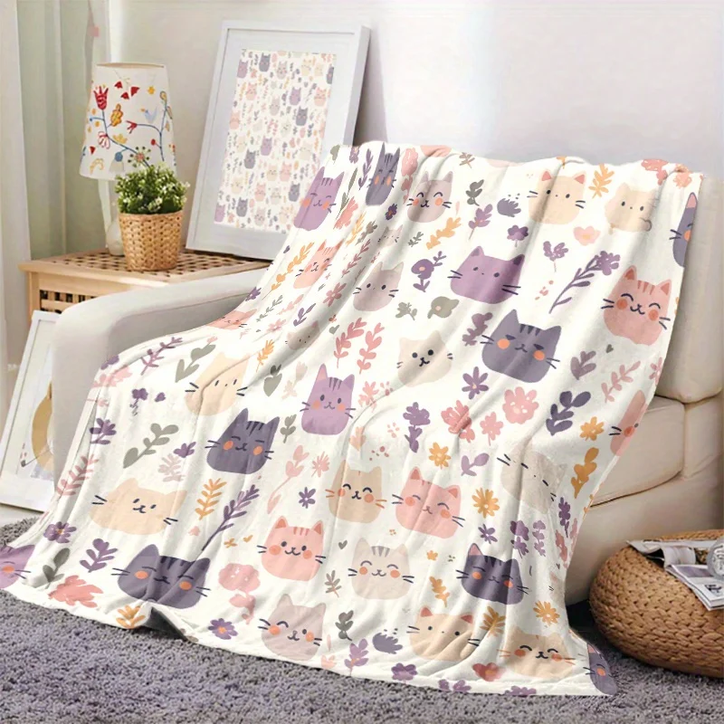Charming Cartoon Cat Print Flannel Throw Blanket for Sofa Bedding Cozy Polyester Winter Home Decor Nursery Kids Room Gift - view 4