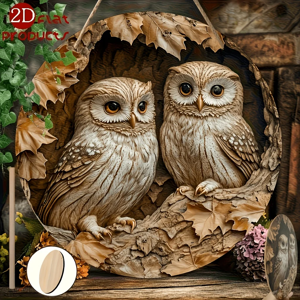 2D Flat Owl-Themed Round Wooden Hanging Sign 7.87 Inches 20X20 Cm, Home Party Holiday Hanging Decor, Perfect Gift for Family, Ca