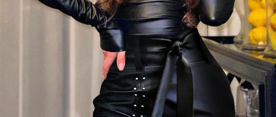 Women Solid Color Black Dress Split Leather Dress Long Sleeve High Waist Bodycon Sexy