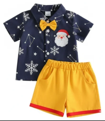 Toddler Baby Boy Christmas Outfit Striped/Snowflake Button Down Collared Short Sleeve Shirt and Shorts 2 Pcs Set