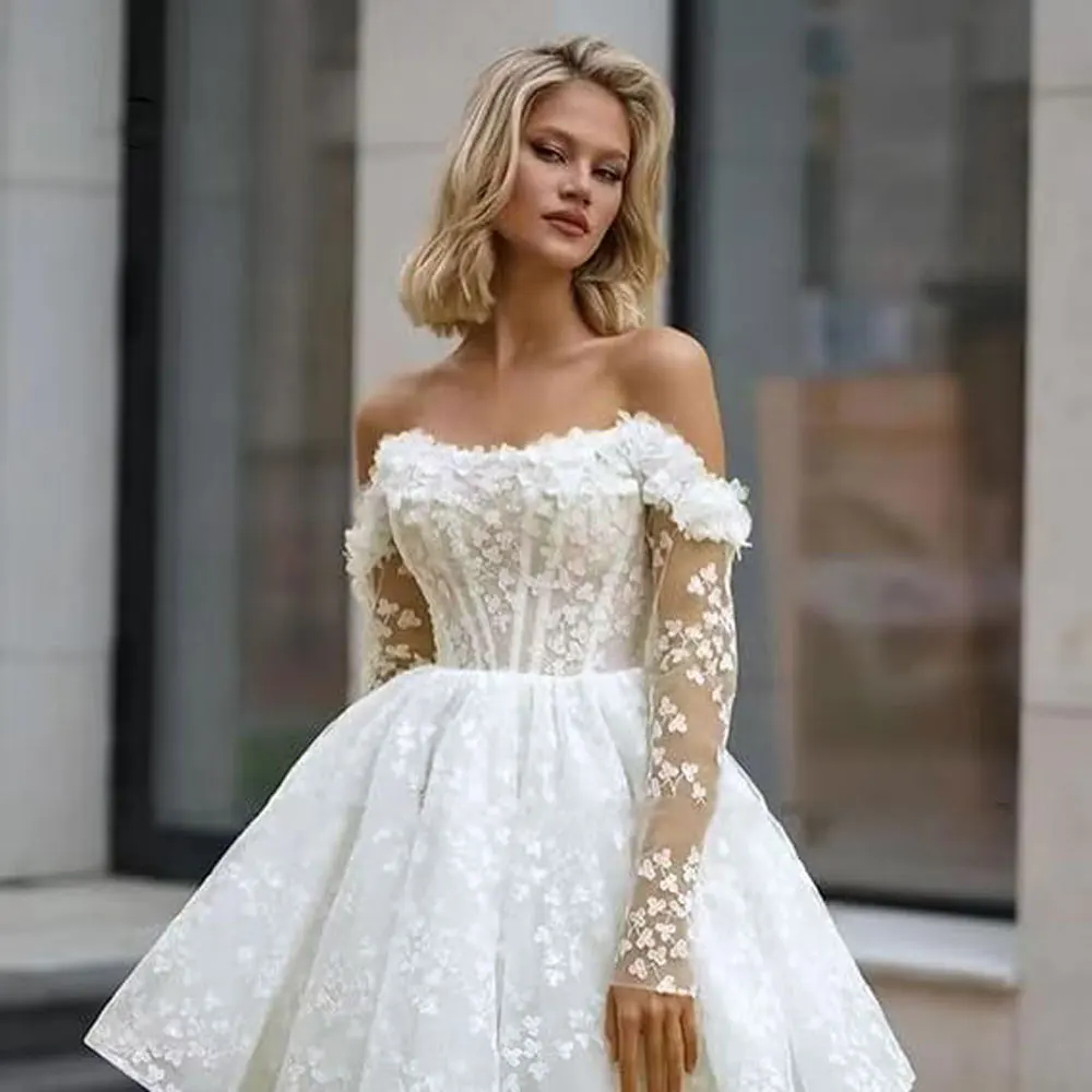 

Off The Shoulder Lace Wedding Dresses Short Bride Dresses A-line Lace-up Back Mini Dress For Women Robes De Mariée Customized