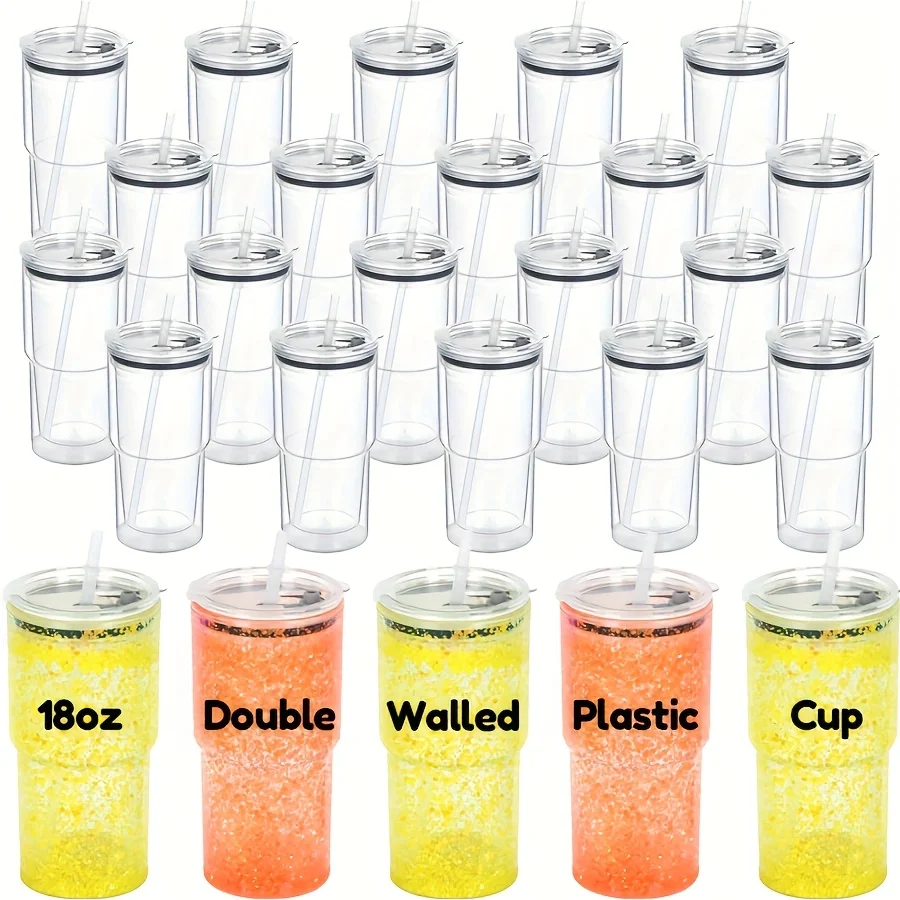 

25pcs 18 Oz Water Bottles, Acrylic Snowglobe Tumbler, Snow Globe Cups with Pre Drilled Hole, Double Wall Travel Cups