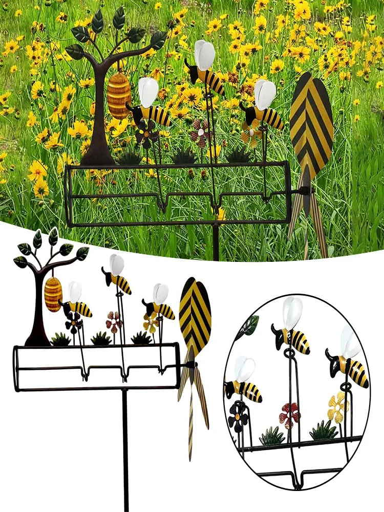 Lovely Bee Whirligig Wind Spinner 3D Wind Powered Kinetic Sculpture Lawn Metal Wind Solar Spinners Yard and Garden Decor