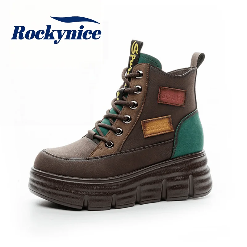 New Winter Women Mixed Colors Thick Sole Ankle Boots Genuine Leather Short Motorcycle Boots 6.5CM High Heels Chunky Shoes Woman