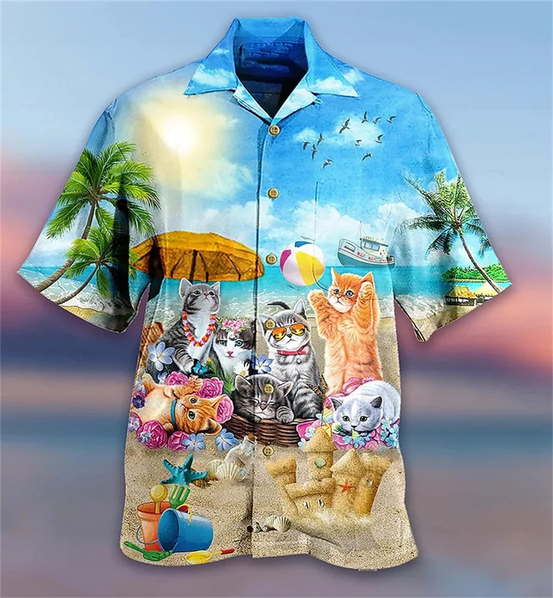 Hawaiian Beach Shirt For Men 3d Print Funny Music Cat Vacation Shirts Streetwear Short Sleeved Loose Button Up Men\'s Shirt