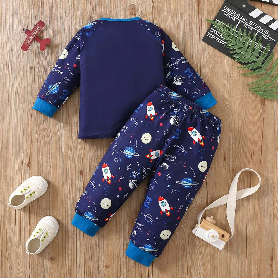 Boys and Girls Long sleeved Pants Round Neck Star Space Printed Letter Home Casual Clothing Two Piece Set New 2-6 Years Old