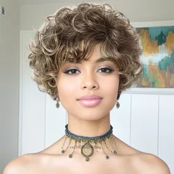 Synthetic Wigs for Women Short Curly Hair Mix Blonde Wig with Bangs Natural Hairstyle Mommy Wig Daily Wear Hair Replacement Wigs