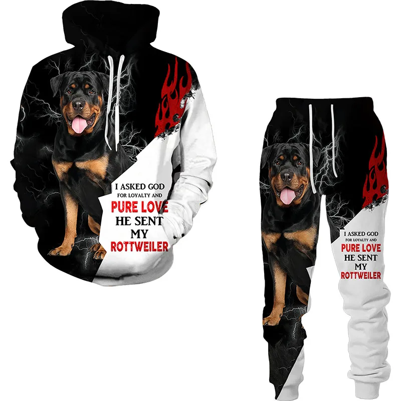 Rottweiler köpek 3d baskılı Hoodie Sweatpants erkek sonbahar kış rahat sweaerkek eşofman erkek giyim takım moda takım