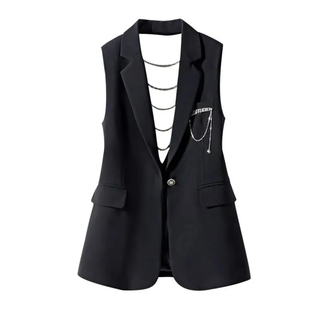 Fashion Sleeveless Women's Vest Tops New Back Hollow Out Chain One Button Black Suit Jackets Female Casual Waistcoat Spring 2024