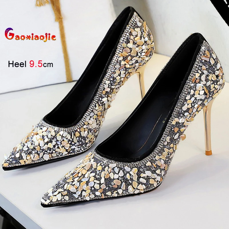 

2025 New Black Sequin Rhinestone Women's Shoes Thin High Heels 10.5m Pointed Toe Ladies Pumps Shallow Mouth Stiletto Party Shoes