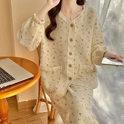 Long Sleeved Air Cotton Thick Sleepwear For Women Princess Style Sweet V-Neck Cardigan Print Ladies Home Wear Spring Fall Set