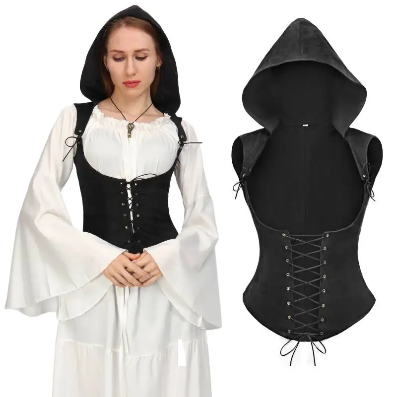 

DAZCOS Medieval Suede Leather Archeress Corset Vest with Hood Renaissance Lace Up Corset Bodice Corset for LARP Ren Faire