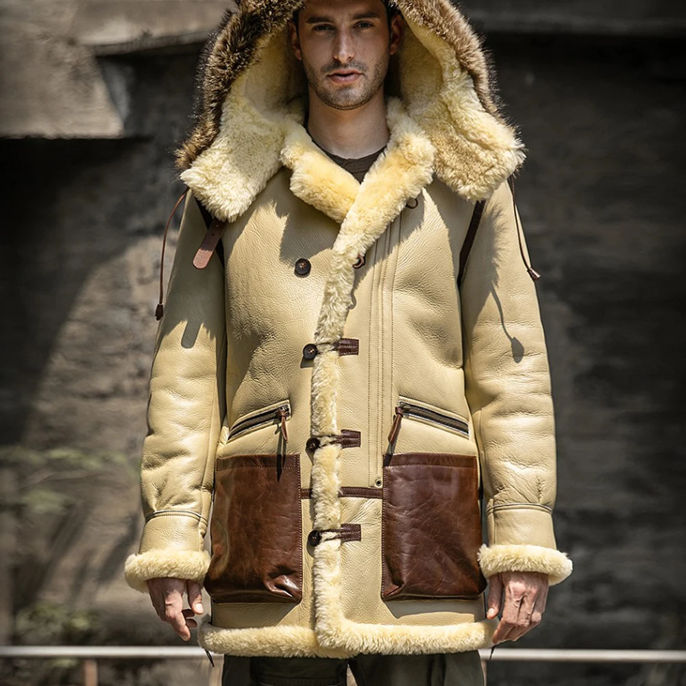 

Denny&Dora Men's Shearling Jacket Ivory Yellow Leather Jacket Hood Thick Warm Winter Sheepskin Coat