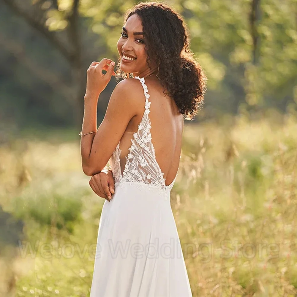 Robe de mariée en mousseline de soie avec appliques, bretelles spaghetti charmantes, col en V, fibre A-ligne, longueur au sol, sexy, dos ouvert, patients, quoi que ce soit