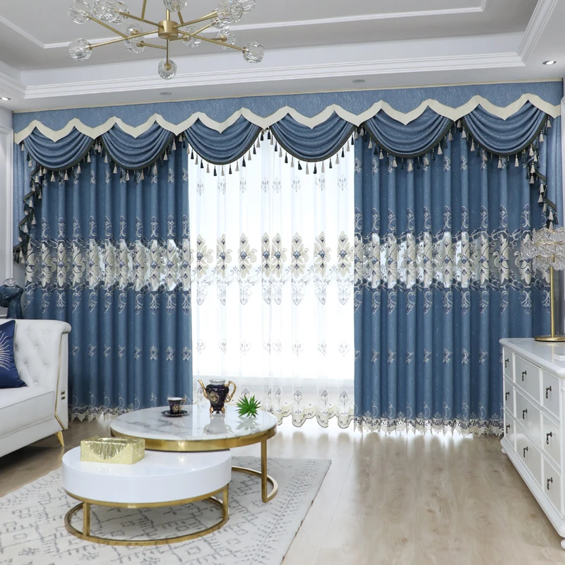 

Custom curtain Chenille hemp jacquard embroidered luxury living room blue cloth blackout curtain tulle valance drape C1274