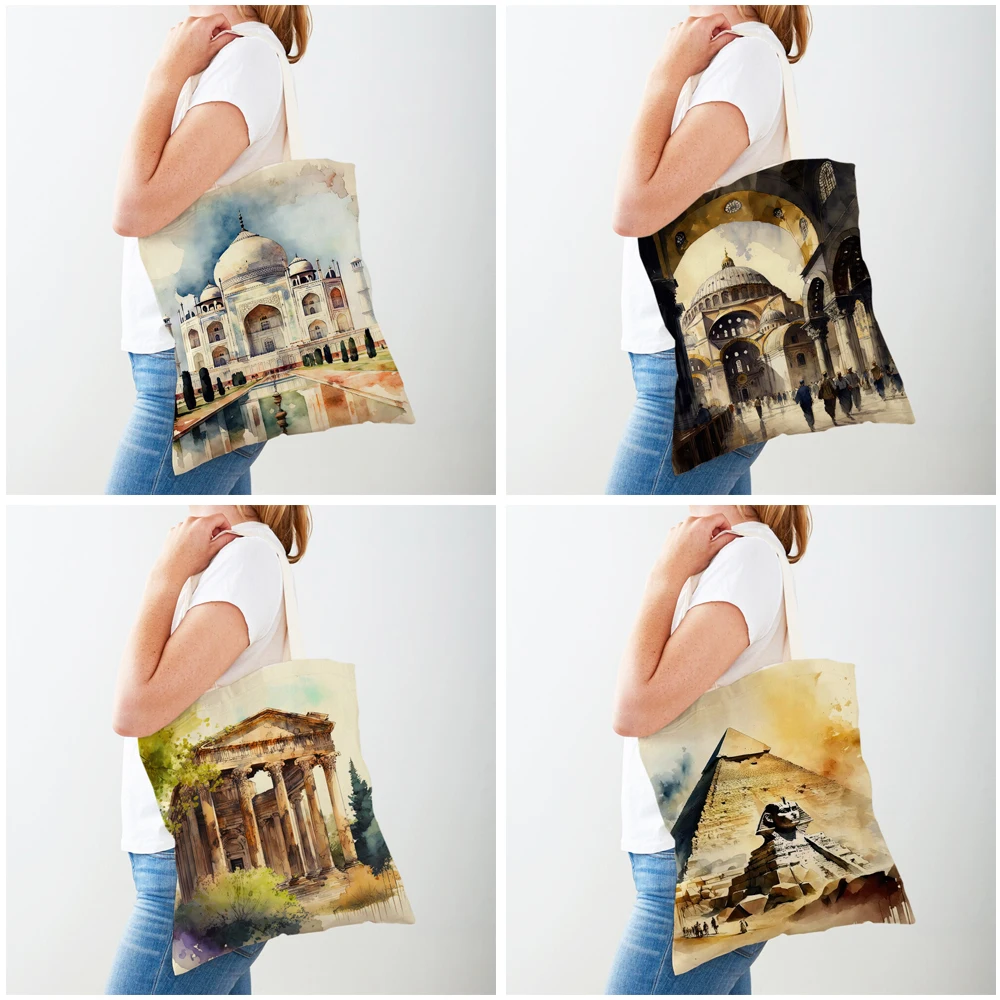 Vintage World Building Roman Shoulder Shopper Bag Women Shopping Bags Double Print Egypt Turkey City Lady Canvas Tote Handbags