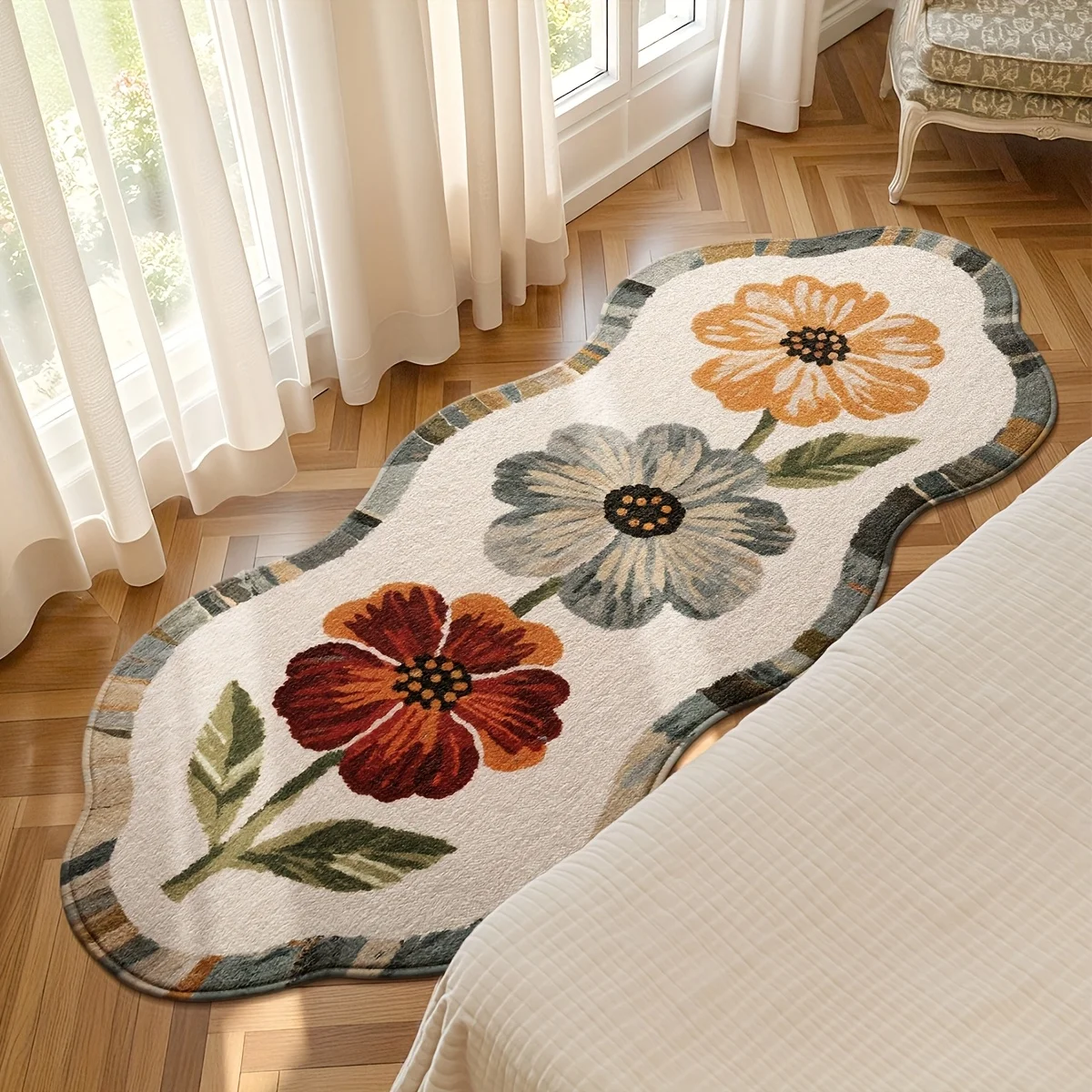 1pc Soft Area Fluffy Runner Rug for Bedroom Living Room Hallway, Laundry Room, Floral Bedside Floor Mat, Non-slip Carpet