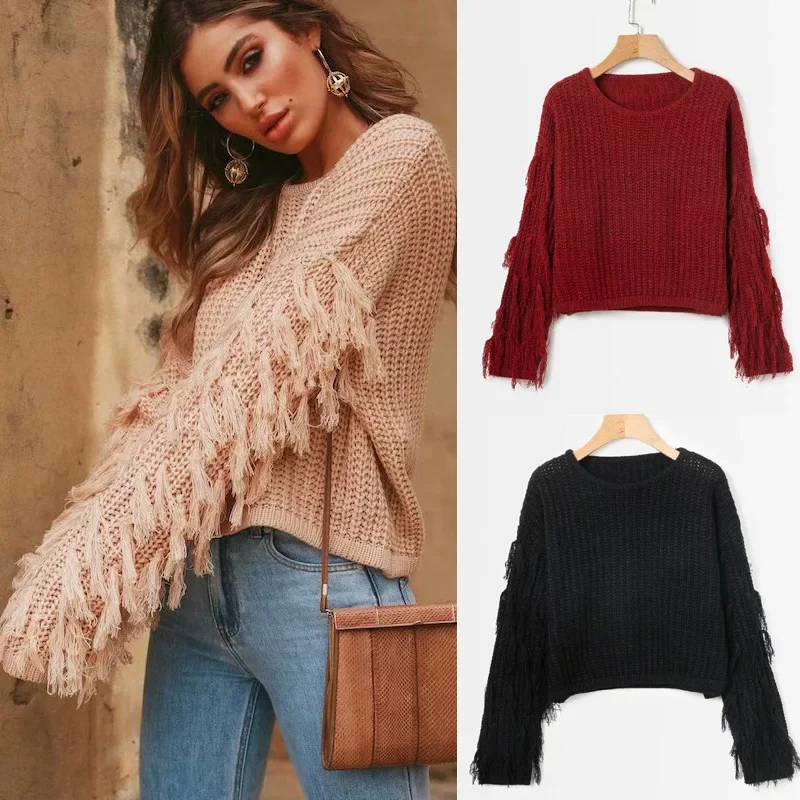 Fashion Spring Fringed Sleeves Solid Tops One Size Women Autumn Tops Loose Sweater Pullover Winter Jumpers Knit Sweaters Ladies