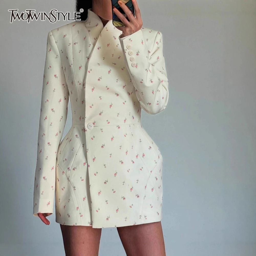 

TWOTWINSTYLE Temperamate Tunic Coat for Women Stand Collar Shoulder Pad Long Sleeve Floral Printed Sexy Office Blazer Female New